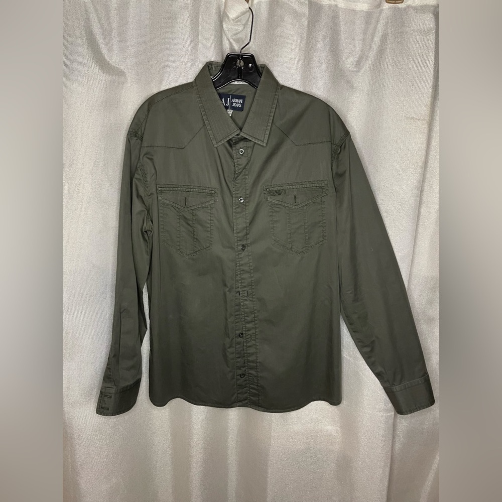 Armani Jeans Long Sleeve Shirt Green Size XXL, Double Breast Pockets Elbow Patch - Picture 8 of 12